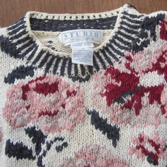 Hand Knit by Studio One Sweater in Beige with Large Pink Roses - Picture 3 of 9